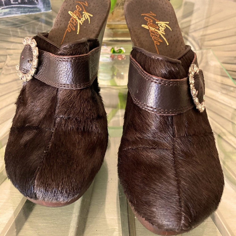 Pony fur wooden heeled  platform clogs